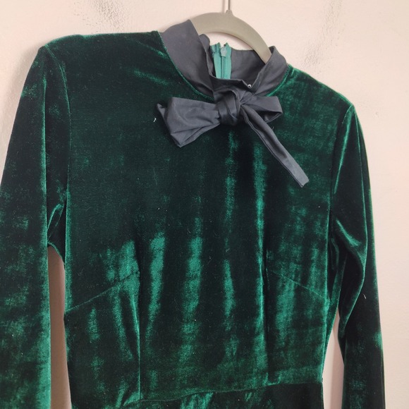 Valfre Velvet Bow Collar Mini Dress Womens Small Dark Green Long Sleeve Party - Picture 3 of 7